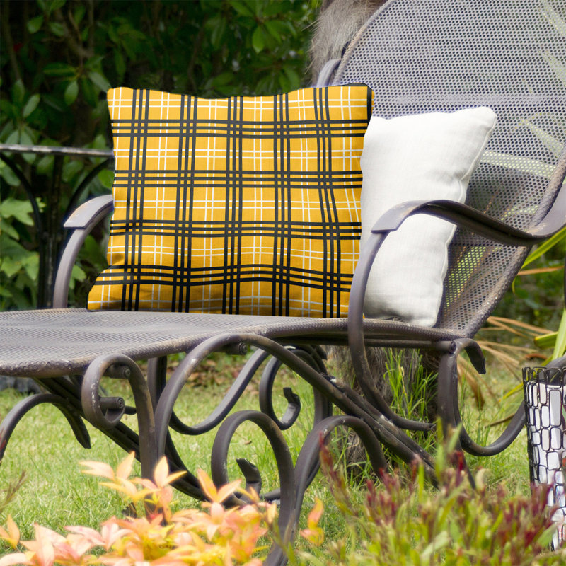 Plaid Outdoor Reversible Throw Pillow, 16" x 16", Polyester/Polyfill, Gold/White/Black G-Pittsburgh
