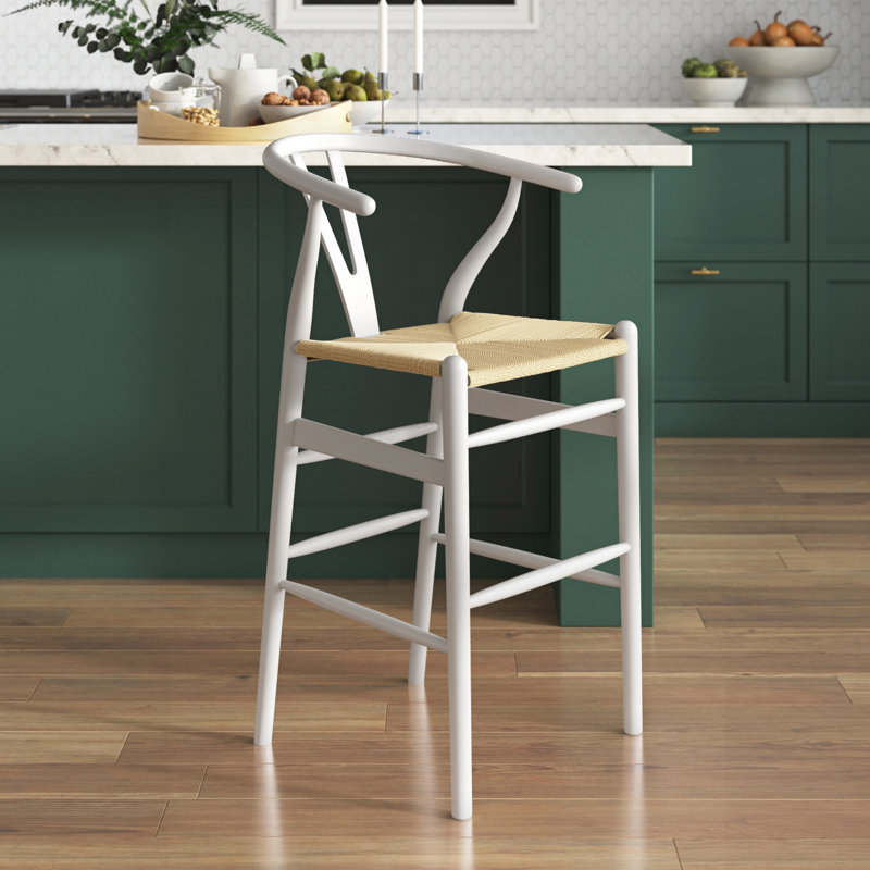 Tabouret de bar et de comptoir en bois massif Etta, Blanc/naturel, Tabouret de comptoir (siège d'une hauteur de 25,7