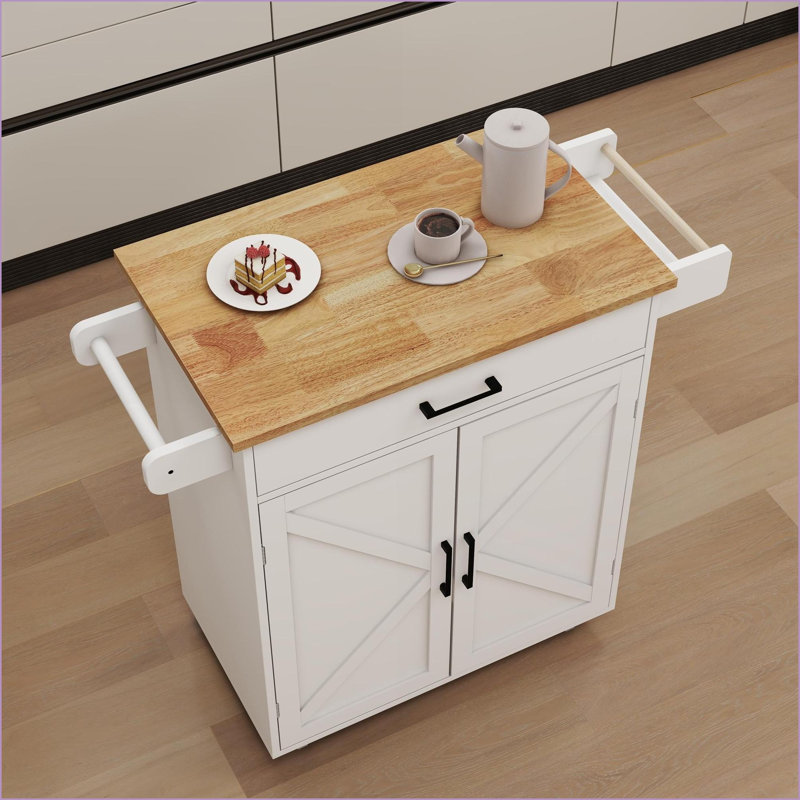 Chariot roulant pour îlot de cuisine avec tablettes réglables, porte-serviettes / amp; Plateau en bois d'hévéa | Blanc | Panneau de fibres à densité moyenne