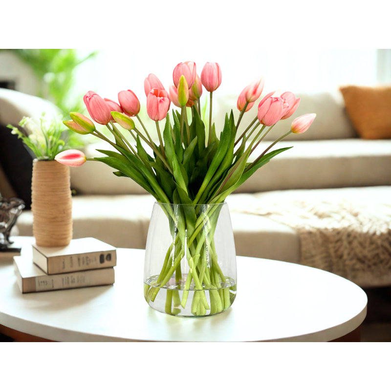 Tulipes artificielles Real Touch dans un vase en verre , Rose