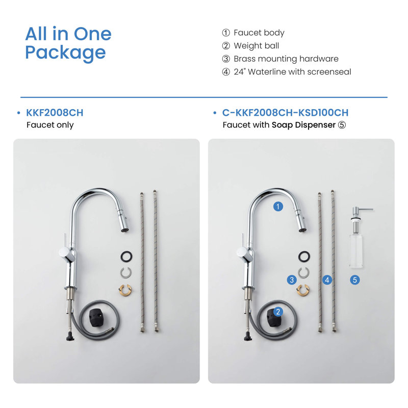 KIBI Hilo Pull Down Kitchen Faucet, Chrome, Without Soap Dispenser