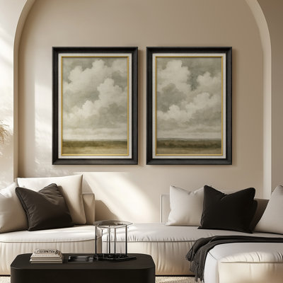 Doux nuage paysage minimaliste pour une décoration moderne et tranquille - ensemble de 2 reproductions d'art encadrées de qualité supérieure sur papier 26 po x 36 po