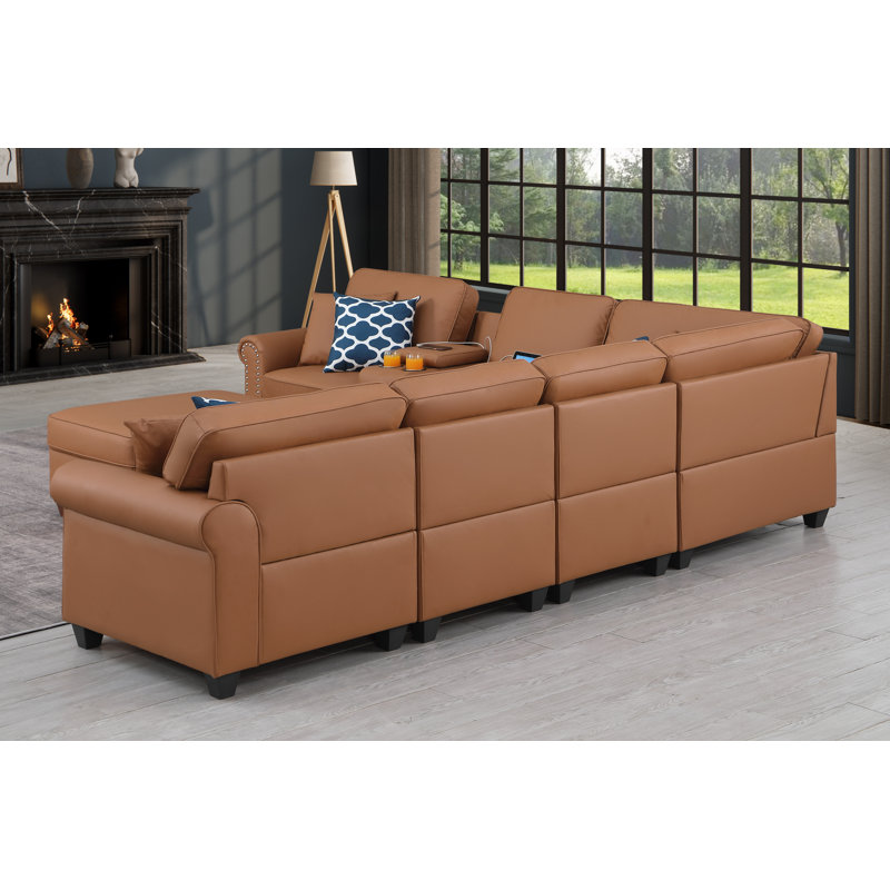 Canapé modulaire en cuir artificiel avec repose-pieds et console Gina Gina, Similicuir brun