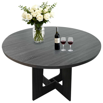 Modern Farmhouse Round Dining Table Seats 4, 43" Wood Tabletop with Cross Pedestal Base, Compact Space-Saving Matte Finish Table for Small Apartments & Cafés, Black