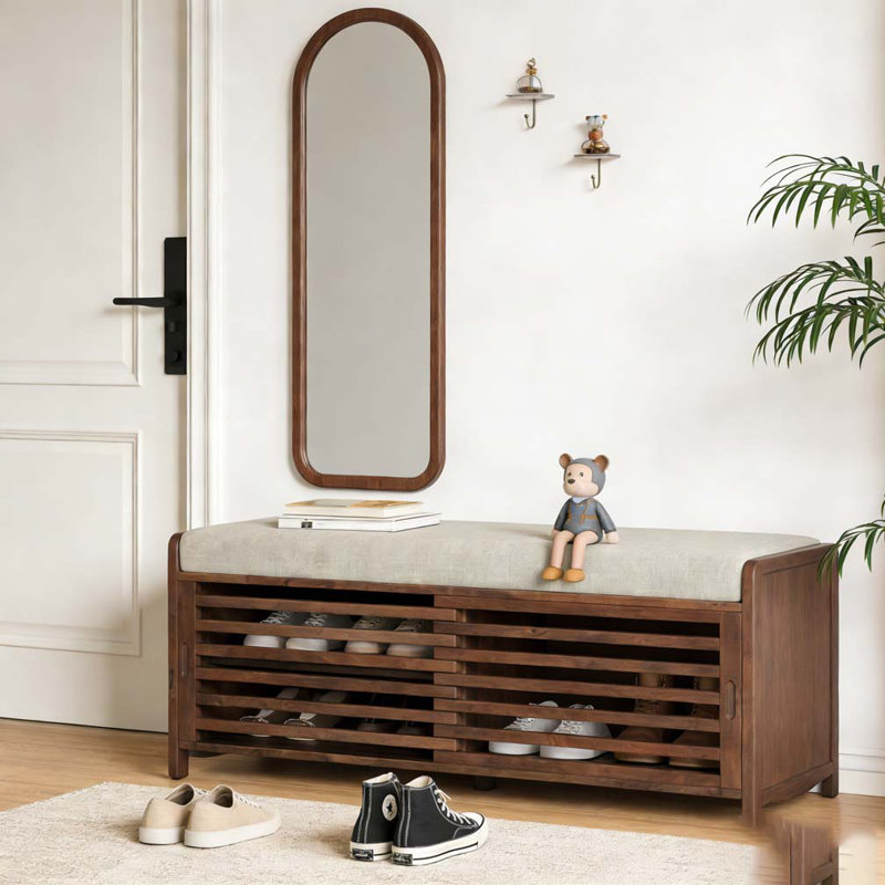 Banc à chaussures avec rangement et coussin, banc de rangement à volets vieillis avec charme rétro, Espresso