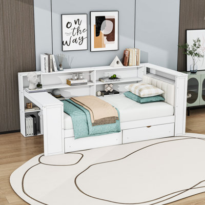 Lit plateforme en bois 2 tiroirs avec tablettes, station de charge et bureau