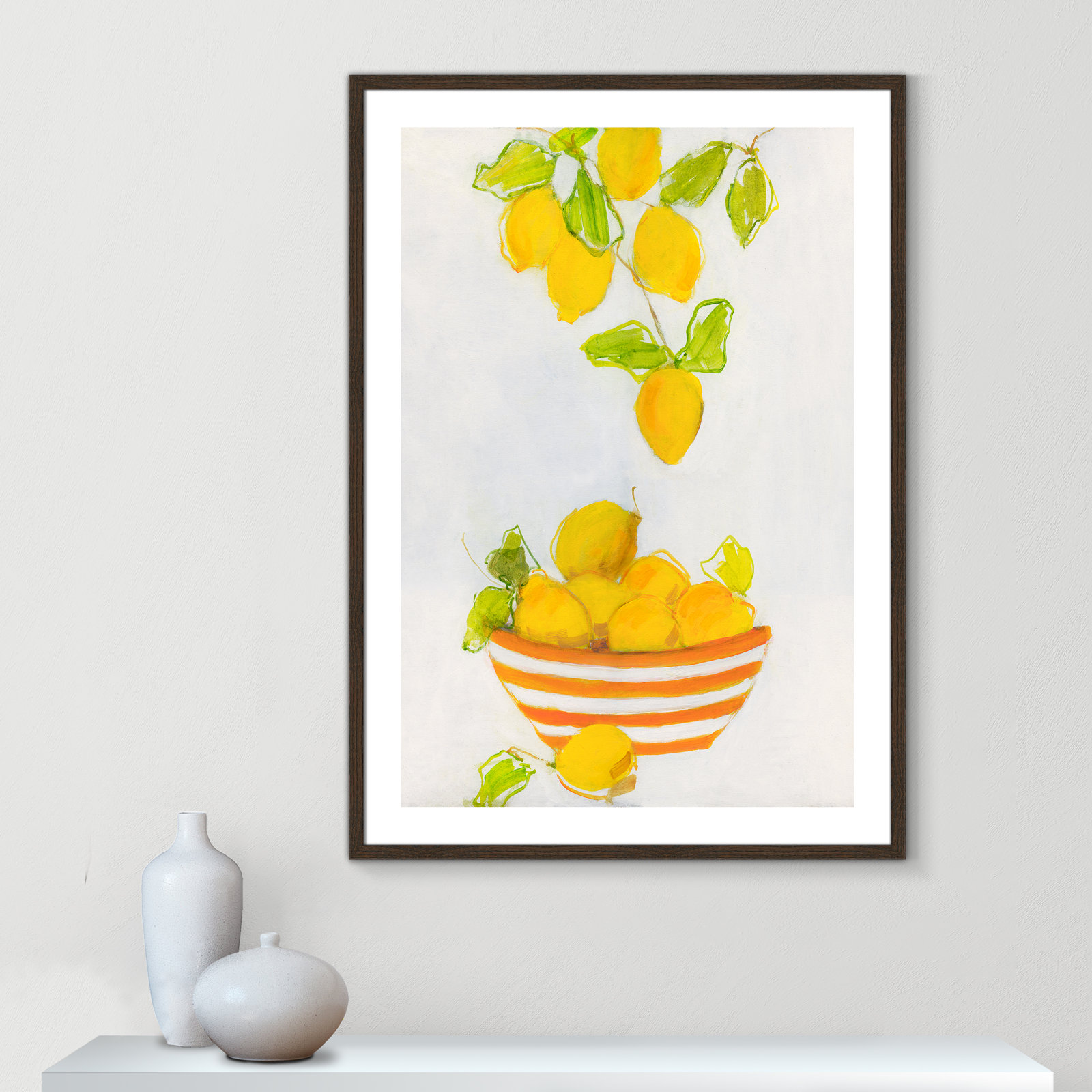 Darcy "Lemonlicious" Painting by Sally Swatland, 41.5" H x 29.5" W x 0.75" D, Walnut Wood Framed Paper