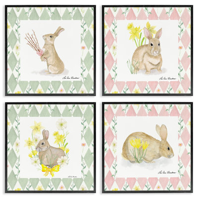 Spring Bunnies on Argyle, ensemble de 4 giclées encadrées, design par Lee Ann Sanders