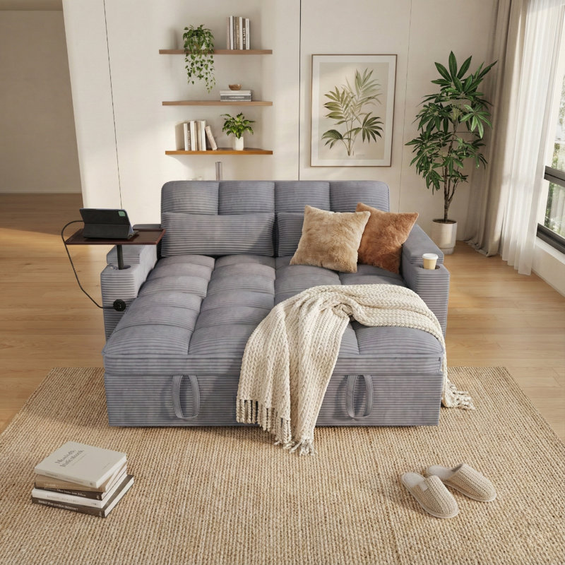 Canapé-lit convertible 3-en-1 de 65 po de largeur avec table d'appoint, Gris