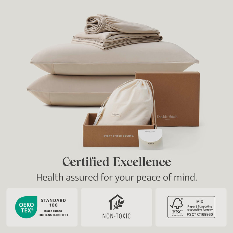 Double Stitch Sheet - Luxury Cotton Tencel Eucalyptus Bed Sheets Deep Pocket, 4 Pc Soft Hotel Bedding Set Cooling Breathable, 1 Fitted Sheet & 1 Flat Sheet & Pillowcases