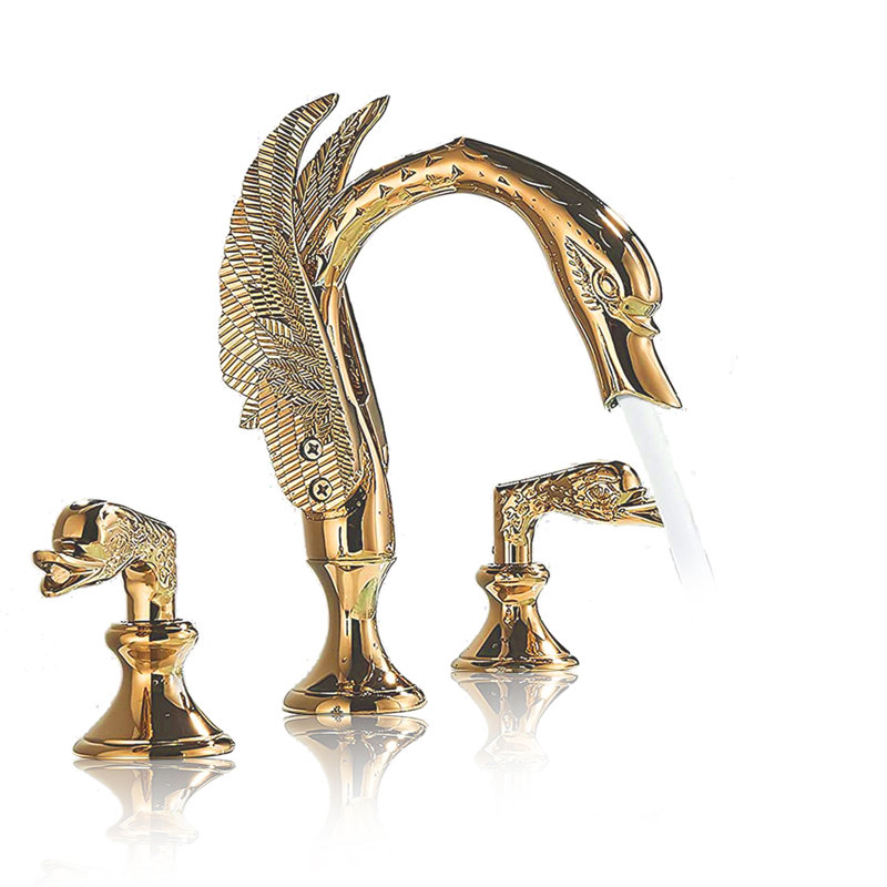 Ornate Swan Style Bathroom Sink Faucet Combo Deck Mount Sink Mixer Tap Set Hot Cold Water Vessel Sink Faucet 2-handle, Gold