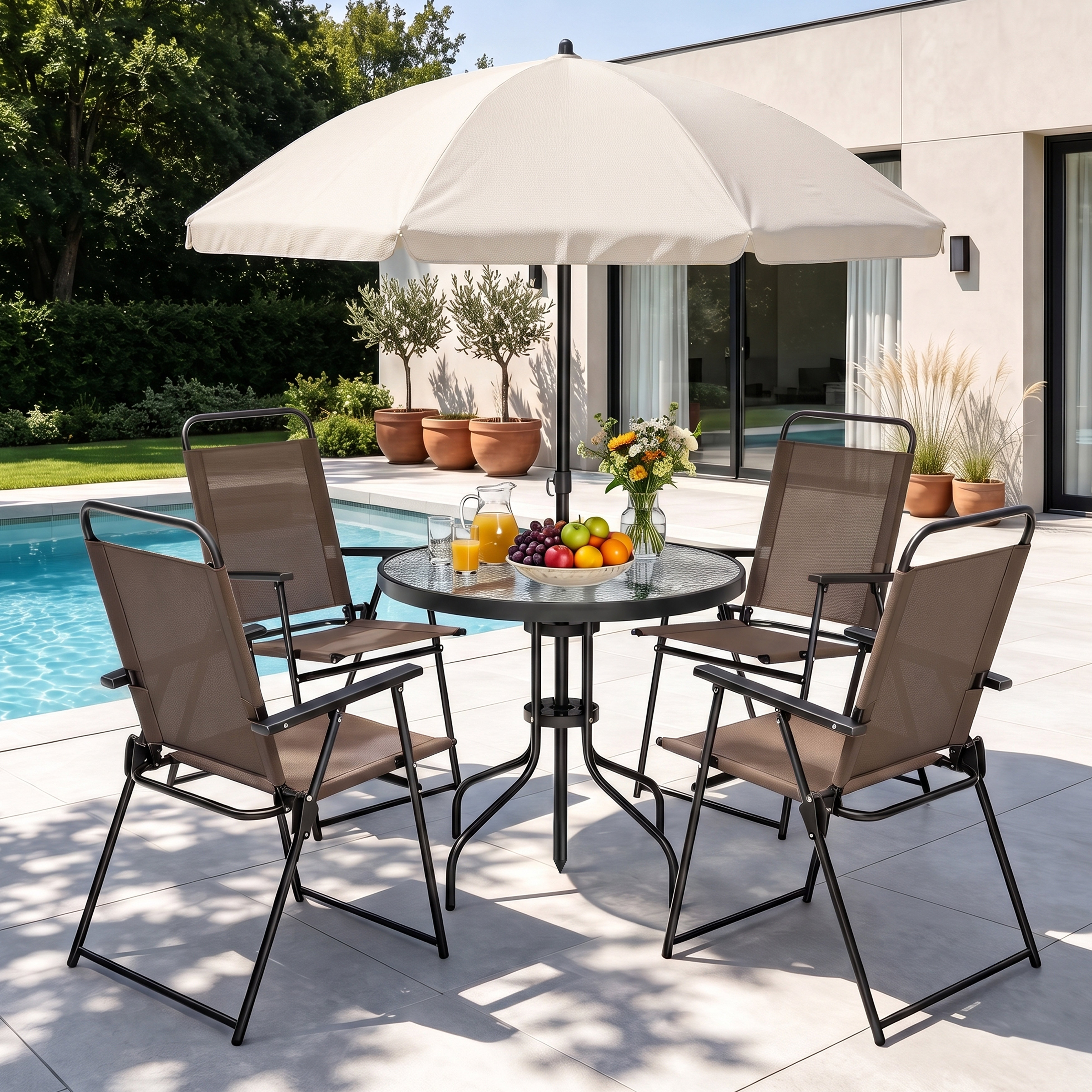 4 piece outdoor furniture patio dining set with umbrella PHI VILLA for 4, Folding Chairs Elevate your outdoor dining experience with the JARDINA Outdoor Wood Dextrus 5 pieces Outdoor Dining