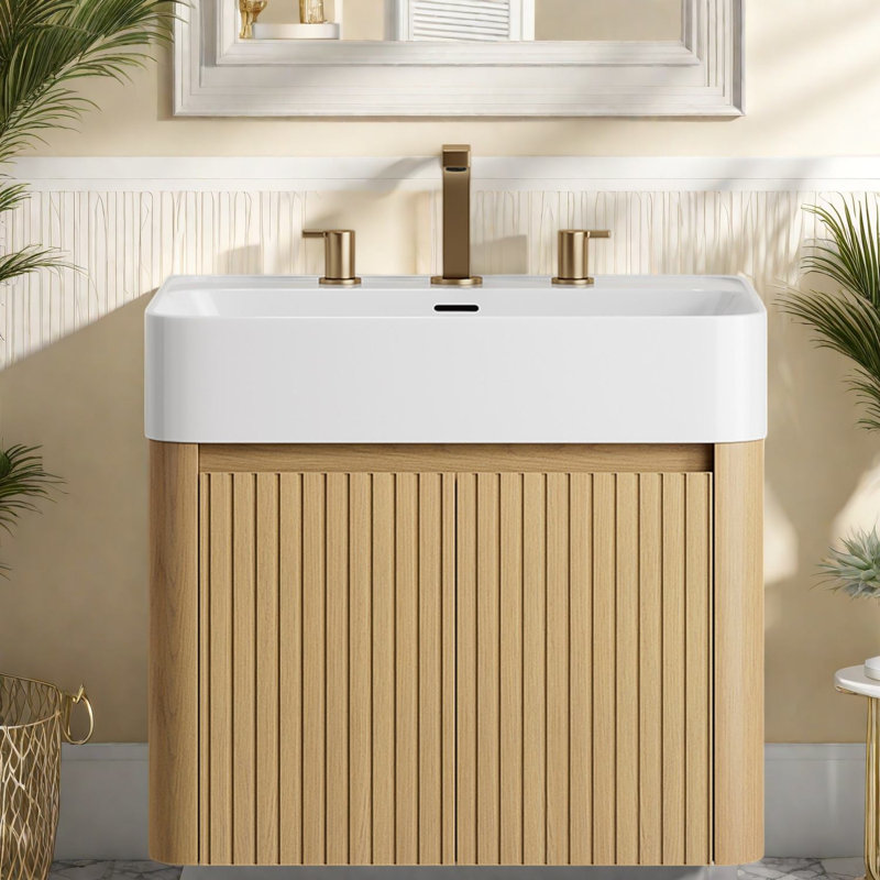 Meuble-lavabo flottant avec lavabo, contreplaqué 36 po, rangement pour salle de bain en chêne moderne, 23.62