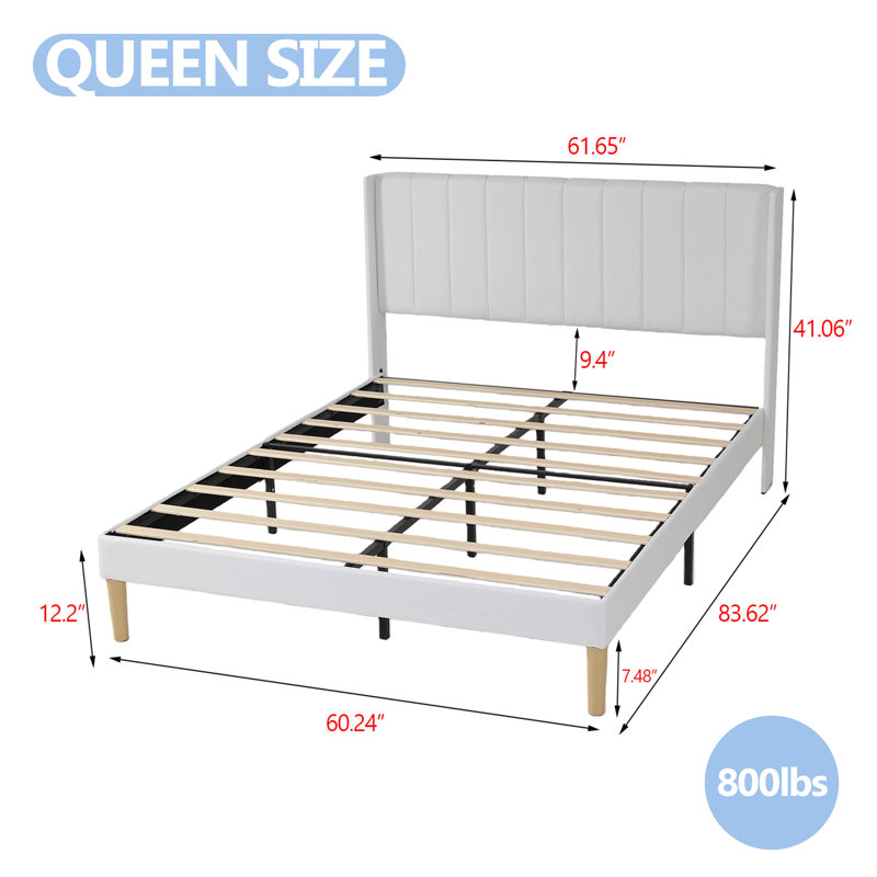 Structure de lit plateforme tapissier avec oreilles, Blanc, Grand lit