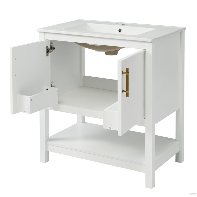 Meuble-lavabo de 30 pouces avec lavabo en céramique et rangement polyvalent - idéal pour les petites salles de bain, Blanc