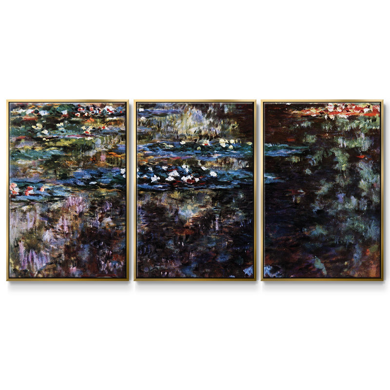 Jardin d'eau à Giverny par Monet 3 pièces, H 40 po x l 78 po x P 2 po, Or