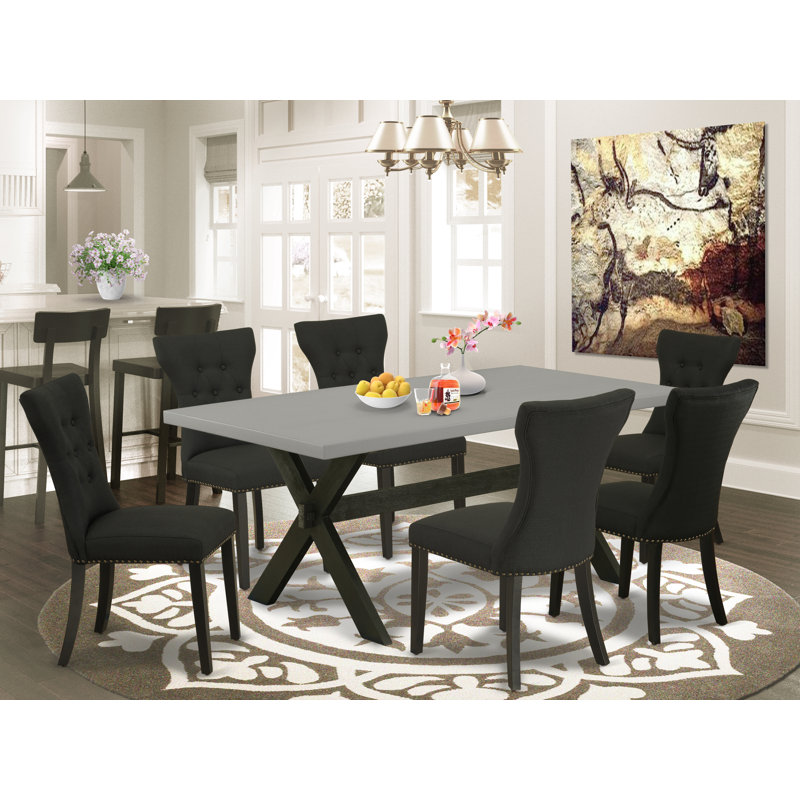 Ensemble de table de salle à manger 7 pièces comprenant une table de salle à manger rectangulaire avec pieds en X et 6 chaises rembourrées en tissu de lin noir