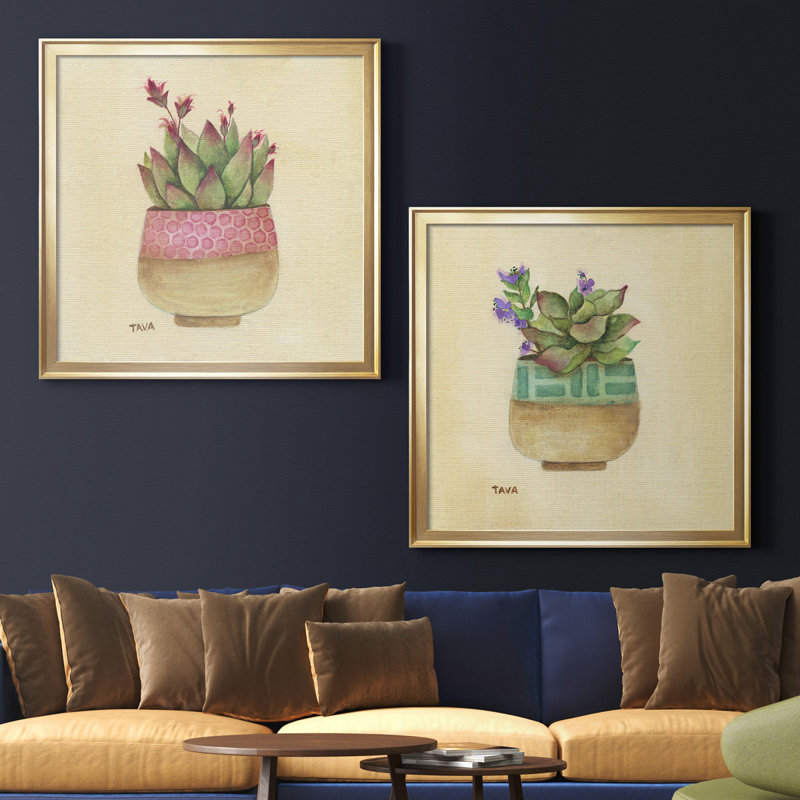 «Flowering Succulent I», ensemble de 2 reproductions d'art, H 34,5 po x l 69 po x P 1,5 po, Toile encadrée dorée