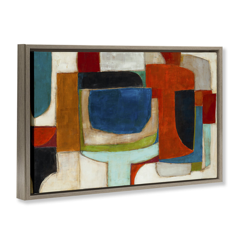  Toile flottante géométrique cubiste avec abstraction par Kippi Leonard, H 21 po x l 31 po, Cadre flottant orme Montalcino