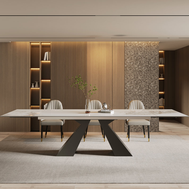 Luxury Extendable Sintered Stone Dining Table Set With 8 Upholstered Dining Chairs, Chanel White, Beige/Brown