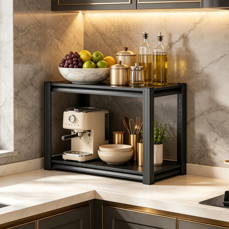 Étagère de rangement de cuisine à 2 niveaux, support de rangement en métal, organisateur de tablette de garde-manger, support à épices, support de station de café, l 15,7 po x P 15,7 po x H 22,0 po