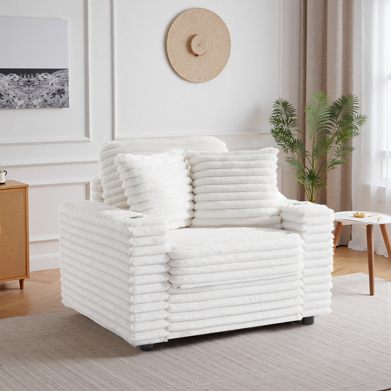 Ermia 96Cm Wide Cotton Flannel Armchair with Two Cup Holders, Beige