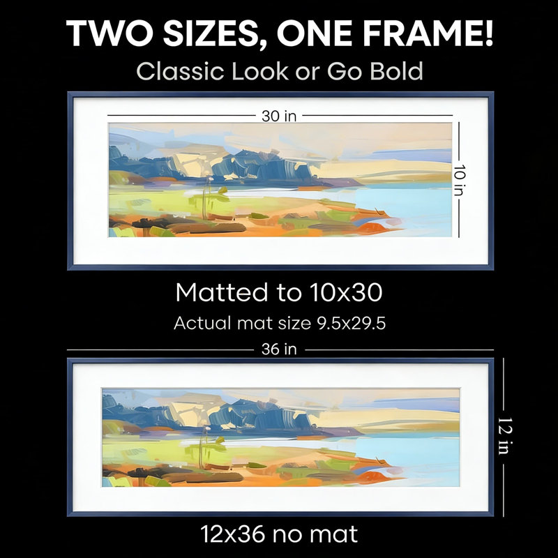 Cadre photo 12 x 36 bleu marine en métal avec passe-partout 10 x 30 et verre trempé, cadre panoramique avec ensemble de fixation murale, ensemble de 1