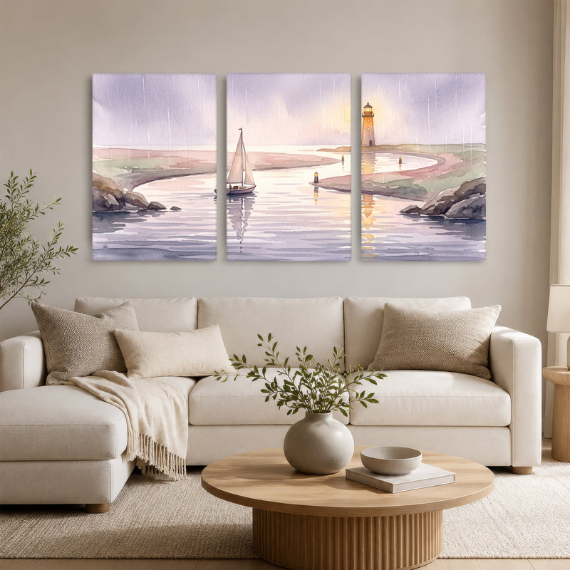 Voilier blanc et phare dans une aquarelle pluvieuse, ensemble de 3 toiles, H 30 po x l 20 po x 3 pièces