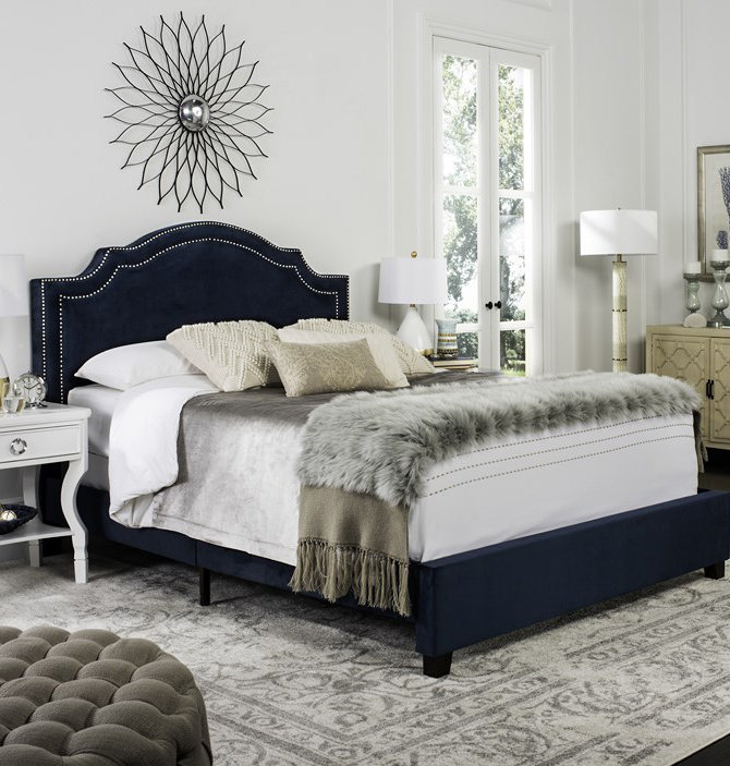 Upholstered Standard Bed, Full, Navy/Silver