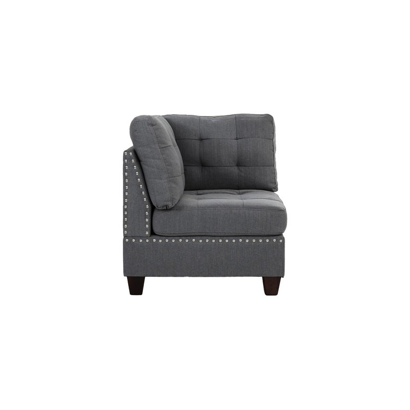 Canapé d'angle gris en lin avec coussin et pieds en bois