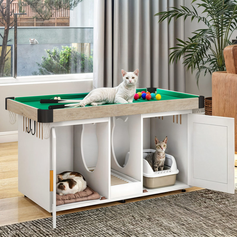White Wooden Cat Litter Box Enclosure with Mini Pool Table