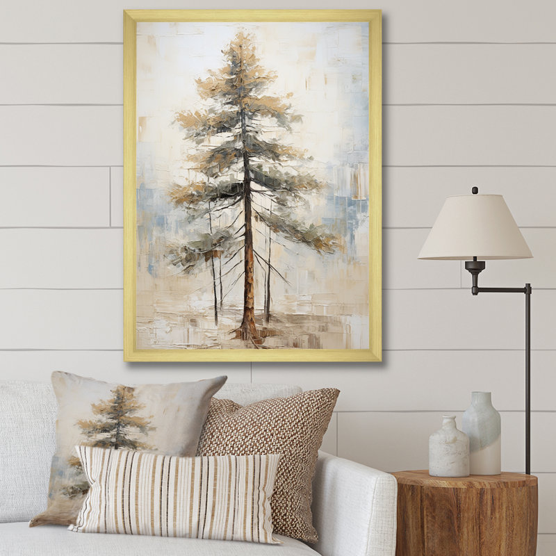 «Beige Tree Pine Zen Scenery I», reproduction d'art sur toile, Cadre doré simple, H 32 po x l 16 po x P 1 po