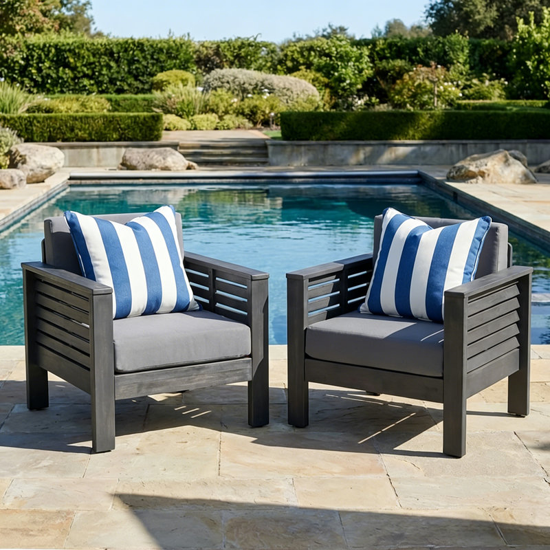 Zytaevius Outdoor Acacia Wood Club Chairs with Shutter Panel Design and Water-Repellent Cushions, Dark Gray