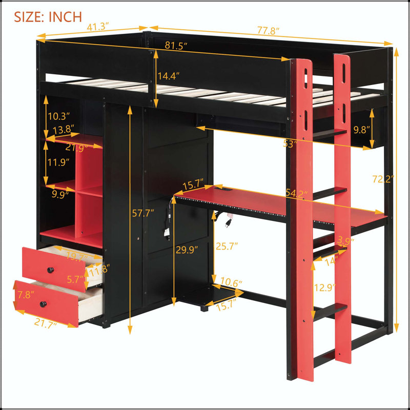 Lit mezzanine simple en bois avec bureau et rangement, Lit simple, Noir et rouge