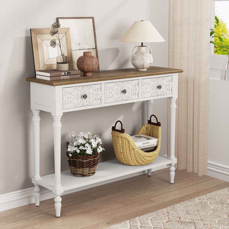 42"Carved 3-Drawer Console Table With Storage Shelf, Brown/White