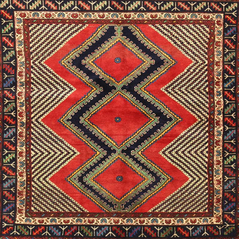 Tapis traditionnel rouge / vert / noir, Rond 7 pi