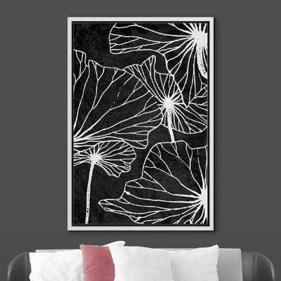 «Lotus Leaf Botanical Plants» noir et blanc, reproduction d'art moderne sur toile encadrée neutre