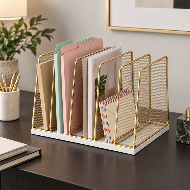 Organiseur de bureau blanc et doré à 5 compartiments avec base en bois