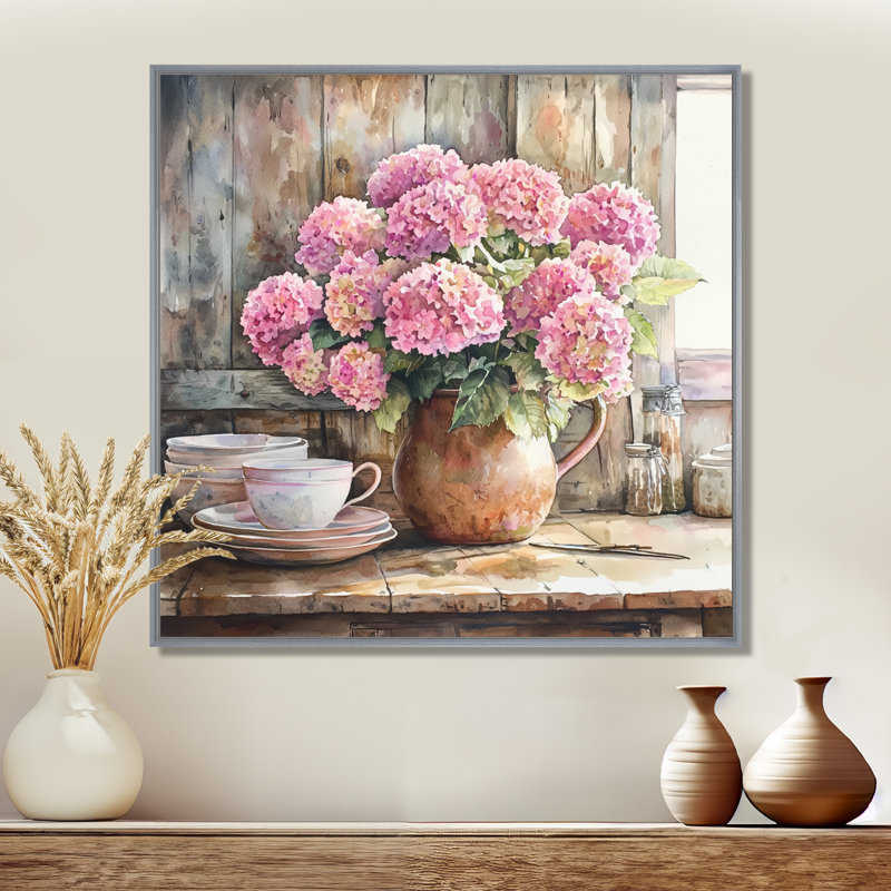 «Hydrangeas In The Farm Kitchen I - Hydrangea Large», art mural, Impression encadrée flottante, H 36 po x l 36 po