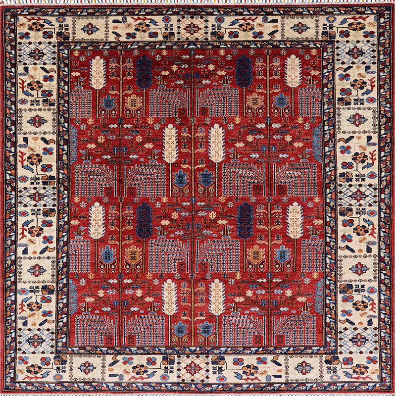 Tapis oriental rouge / ivoire / gris, Carré 4 pi