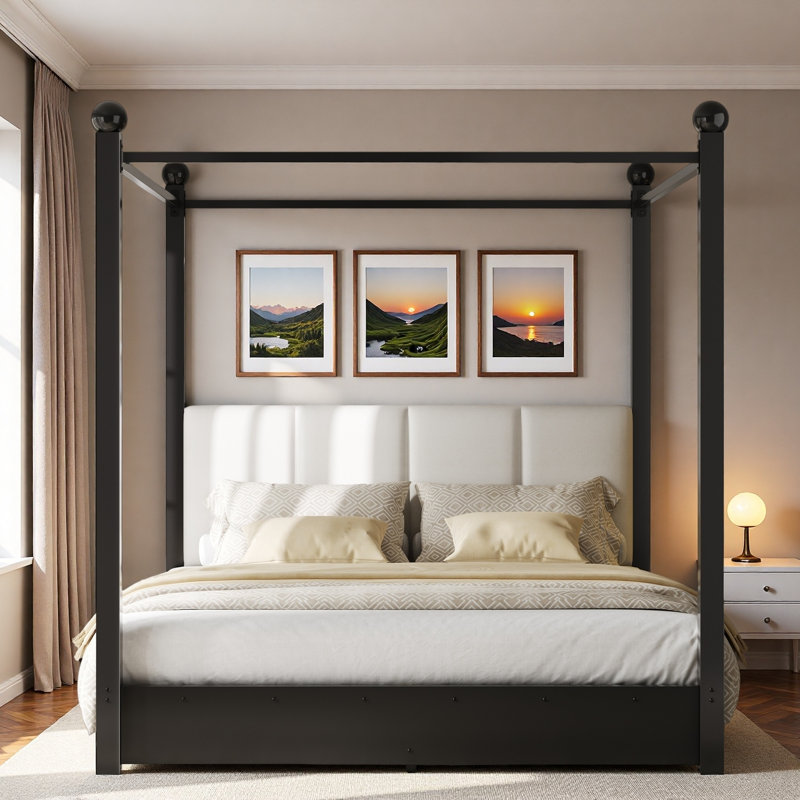 Lit plateforme à baldaquin avec tête de lit tapissier et structure en métal, Black, King