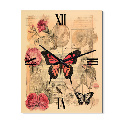 Illustration rétro d'un papillon rose romantique - Horloge murale animaux