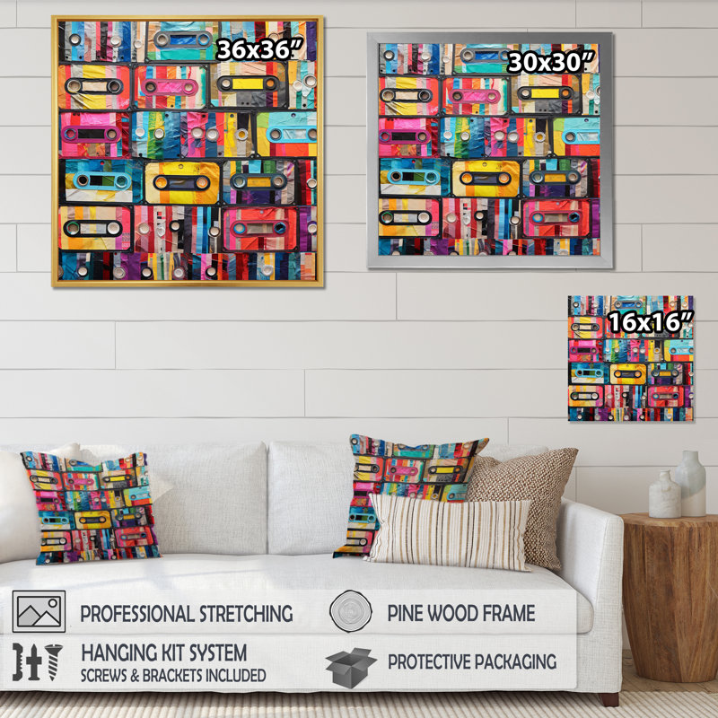 Cassette Tapes Tape Mosaic I - Music Canvas Print, Cadre flottant doré, H 16 po x l 16 po x P 1 po
