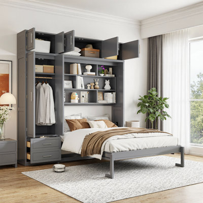 Grand lit escamotable mural avec tablettes du haut et garde-robe
