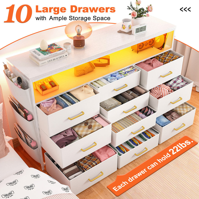 43.8" Dresser With Led Lights, Charging Station, 10 Fabric Drawers & Easy Assembly, White