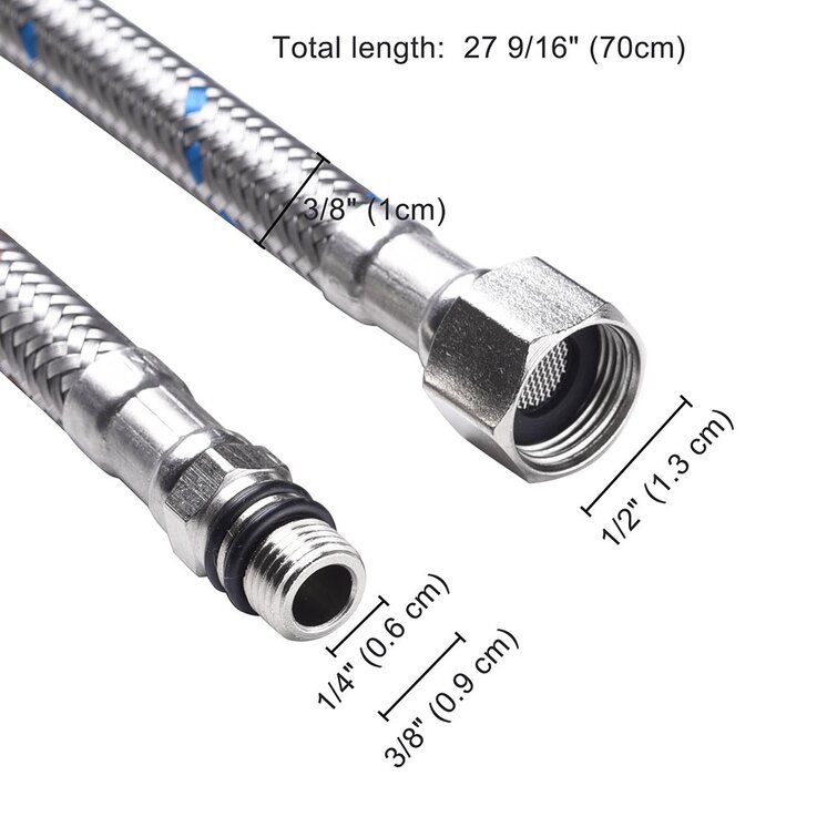 Aquaterior 28 Long Braided Faucet Connector Supply Hoses 3/8 Female  Compression Thread X M10 Male Stainless Steel 2Pcs