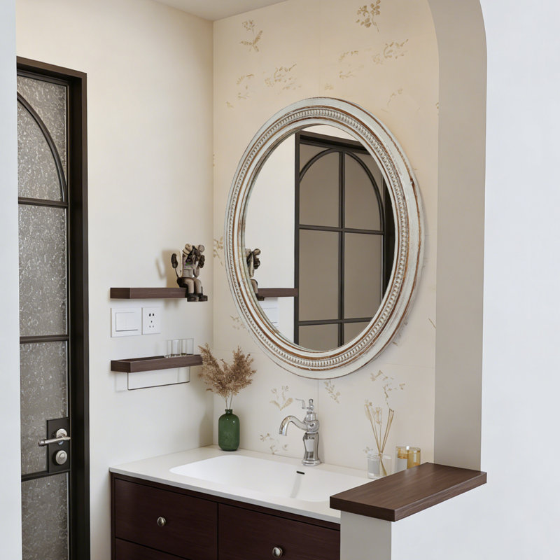 Miroir mural rond avec cadre décoratif perlé vieilli, 23,62 po