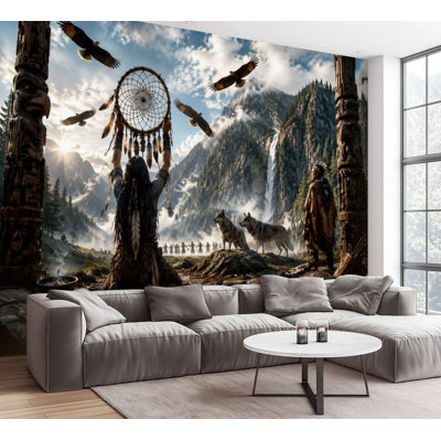 Wall Mural Peel and Stick Wallpaper Native American Ritual Scene Mountain Landscape Wolves Self-Adhesive Removable Contact Paper Wall Decor for Living Room Bedroom 100"H x 144"W