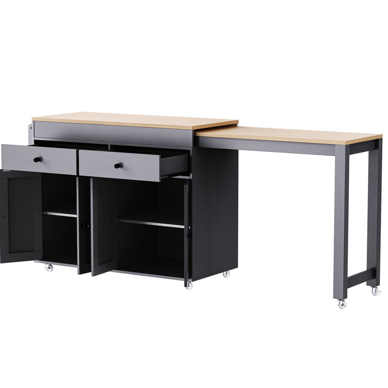 Kitchen Island With Smooth Door Panel & Extendable Table - Grey Rolling Ample Drawer Storage