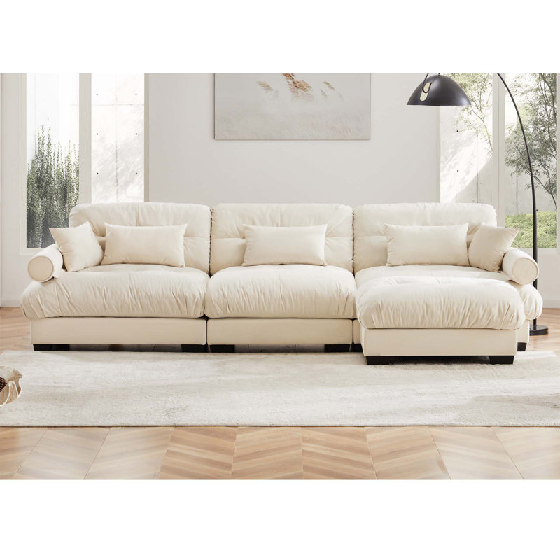 Canapé modulaire en L à assise profonde avec 1 repose-pieds mobile, Velours crème